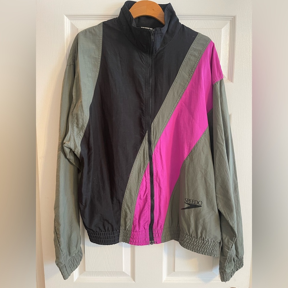 Speedo Women's retro Tri-Tone windbreaker jacket - Black, Pink & Green